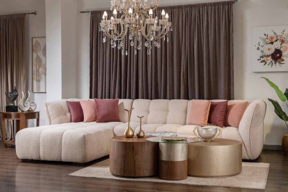 Modern Furniture Impact: Neutral Base Colors Sofa with Wood and Metallic Finishes